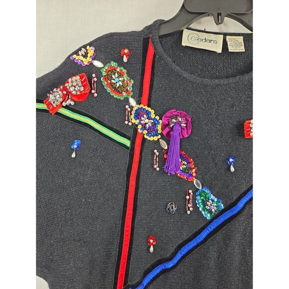 VTG Cedars Beaded Sequin Holiday Sweater Large Black Angora Silk 80s Party Glam - Picture 5 of 12